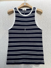 Saint Laurent Women's Spring/summer Blue Striped Two-tone Ribbed Knit Tank Top Fashionable Trendy V-neck Simple And Slim-fit Knit Tank Top Vest Lady #196015