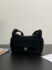Chanel Large Bowling Bag With Velvet Effect Nylon And Gold Metal Logo Women's And Men's Fashionable Fall/winter Black Crossbody Bags #81986A