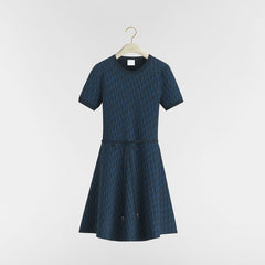 Dior Oblique Women's Beige Blue And Navy Jacquard Fitted A-line Dress With Bell Sleeves Short Sleeve Satin Belt And Cd Letter Knit Dress Lady #84131A