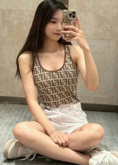 Fendi Women's Summer Brown FF Print Cotton Knit Top Fitted Sleeveless Vest #71529
