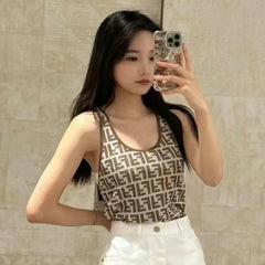 Fendi Women's Summer Brown FF Print Cotton Knit Top Fitted Sleeveless Vest #71529
