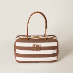 MiuMiu Beau Women's Embroidered Logo Print Striped Canvas And Calfskin Handbag Shoulder Bag Bags #77933
