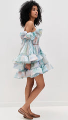Zimmermann Women's Summer Blue Printed Silk Ruffle Strapless Mini Silk Dress #77178
