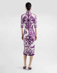 Dolce&Gabbana Majolica Printed Vegan Crepe Satin Dress Women's Spring Summer Purple Fashion Elegant Evening Dresses Ngvp #2428