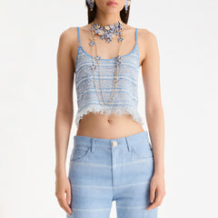 Chanel Women's Blue And White Fringe Halter Tank Top 26 New Arrival Resort Collection Fashionable Spring/summer Trend Tank T-shirt Vest #82384A