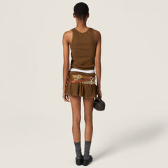 MiuMiu 2026 Spring New Arrival Women's Casual Sleeveless Lace-trimmed Fitted Khaki Knit Dress Cocoa Brown Garment-dyed Cotton Tank Top Lady Vest #82985A