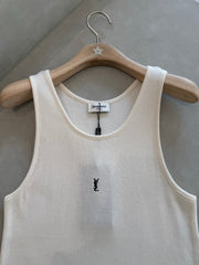 Saint Laurent Women's Spring And Summer White Ribbed Vest With Embroidered Logo Slim-fitting Design Round Neckline Simple And Elegant Fashionable Vest Lady #195336