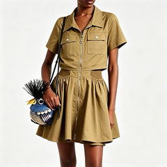 Loewe Women's Spring/summer Workwear-style Collared Zip-up Dress Open Back Fashionable Casual Trendy Dress Lady #197269