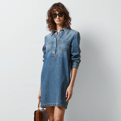 Gucci Women's Spring And Autumn Fashion Blue Denim Dress Vintage Silhouette Belted Shirt Dresses #71483