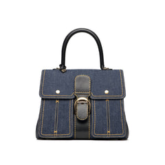 Delvaux Brillant Trench Women's Outer Stitching Solid Color Denim Patchwork Leather Tote Shoulder Bag Bags #76452