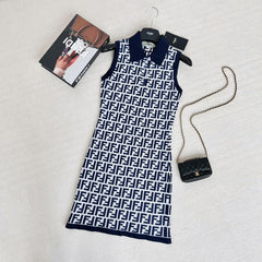 Fendi Women's Summer Blue Letter Printed Cotton Sleeveless Dresses #73433