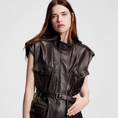 Louis Vuitton Women's Spring And Autumn Dark Curry Casual Loose Sleeveless Sheepskin Jacket Belt Lapel Vest Jacket Ngvp #8188