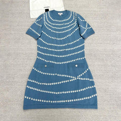 Chanel Women's Spring/Summer Solid Color Pearl Chain Printed Cashmere Short Sleeve Dresses #76518