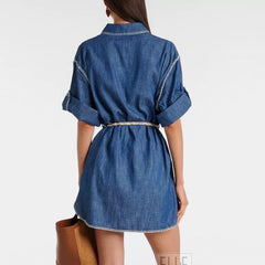 Zimmermann Women's Spring Summer Solid Colour Tassel Belt Denim Single Breasted Short Sleeve Dresses #76731