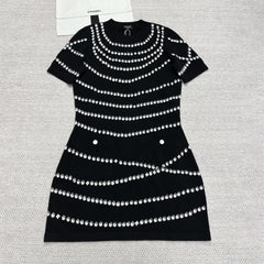Chanel Women's Spring/Summer Solid Color Pearl Chain Printed Cashmere Short Sleeve Dresses #76518