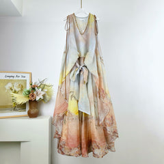 Zimmermann Women's Summer Solid Color Seascape Pattern Printed V-neck Sleeveless Long Dress #77342