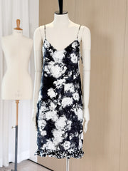 Chanel Women's Spring/summer French-style Elegant Black-and-white Floral Print Silk Spaghetti-strap Dress Lady #84266A