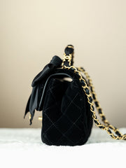 Chanel Mini Flap Bag With Top Handle Velvet Silk Gold-tone Metal Black #193594