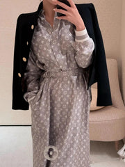 Louis Vuitton Women's Summer Letter Printed Gray Single Breasted Long Sleeve Silk Dresses #75877