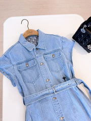 Dior Women's Summer High Street Denim Solid Color Belt Printed Pocket Button Cotton Short Sleeve Shirtdress Dresses #77854