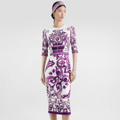 Dolce&Gabbana Majolica Printed Vegan Crepe Satin Dress Women's Spring Summer Purple Fashion Elegant Evening Dresses Ngvp #2428