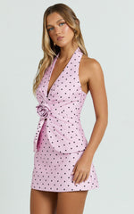 Cynthia Top - Halter Neck Tuck Detail Polka Dot Print Vest in Fondant Pink Polka Dot