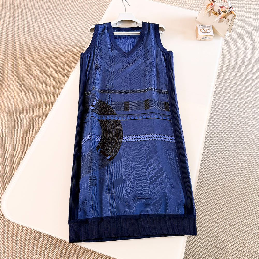 Hermes Women's Spring/summer 2026 Sleeveless V-neck Silk Geometric Print Dress Textured Knit Fabric Dark Blue V-neck Sleeveless Tank Dresses Lady #195707