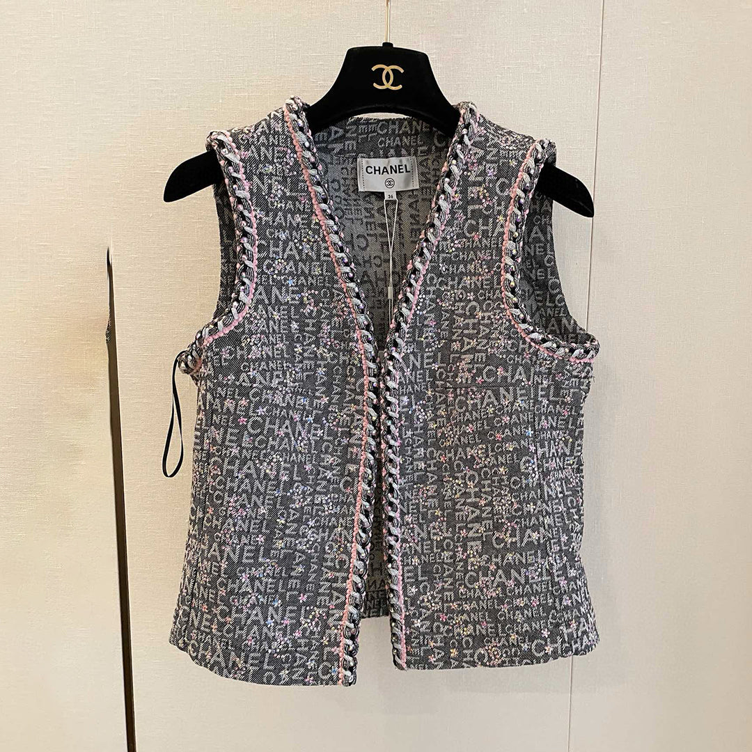 Chanel Women's Spring and Autumn Solid Color Full Diamond Flower Logo Embroidery Sleeveless Fitted Denim Vest #71433