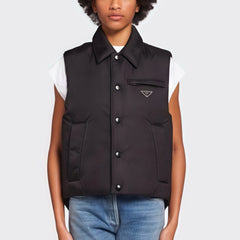 Prada Women's Spring and Autumn Black Logo Label Sleeveless Nylon Single Breasted Vest Jacket #72332