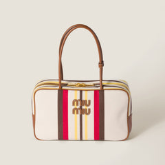 MiuMiu Beau Women's Embroidered Logo Print Striped Canvas And Calfskin Handbag Shoulder Bag Bags #77933