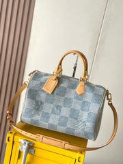 Louis Vuitton Speedy 40 Bandoulière Men's and Women's Checkerboard Printed Denim Patchwork Leather Single Shoulder Crossbody Tote Bag Travel Bags #76847