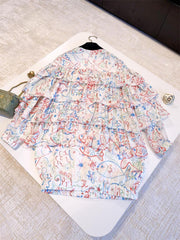 Chanel Women's Summer Fish Printed Silk Lace Short Sleeve Short Dress #75594