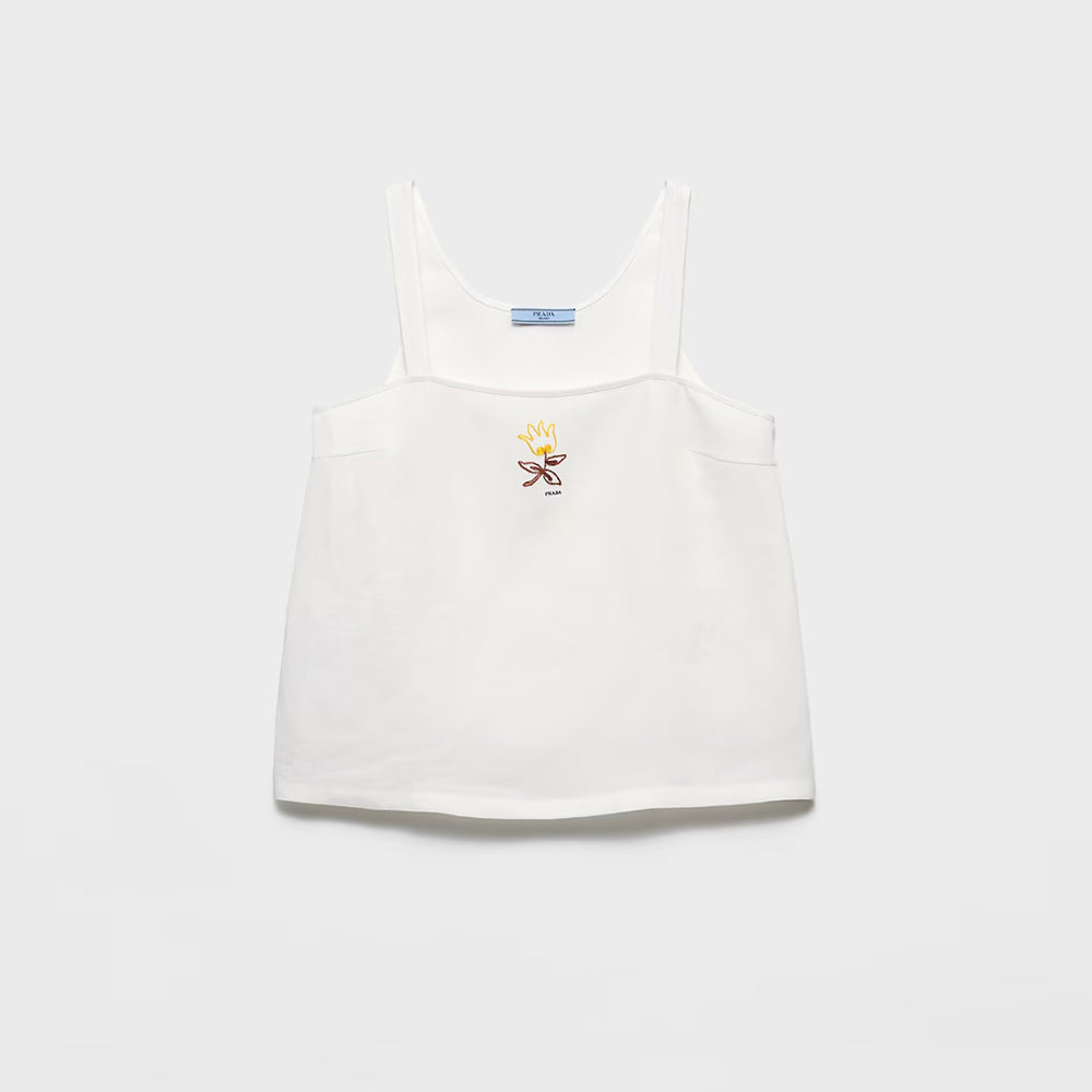 Prada 2026 New White Sun Collection Women's Linen Halter-neck Floral Embroidered Brand Logo Sleeveless Simple And Fresh Tank Top Vest Lady #196872