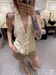 Chanel Women's Spring & Autumn Solid Color Lace Single Breasted Cotton Sleeveless Knitted Tank Top Vest Ngvp #1428