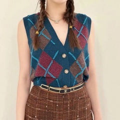 Chanel Women's spring and fall plaid retro fashion college style knitted Vest single-breasted tops Ngvp #8939