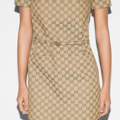 Gucci Women's Summer GG Jacquard Round Neck Canvas Short Sleeve Solid Color Fitted Dresses #71756