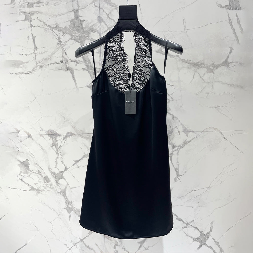 Saint Laurent Women's Acetate Patchwork Lace Spaghetti-strap Halter Neck Dress Sexy Elegant And Flattering Spring/summer Mini Dress Lady #196565