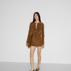 Gucci Women's Autumn/winter Buckle-front Suede Dress Retro-chic Elegant Sheepskin Long-sleeve Dress  Dresses #81855A