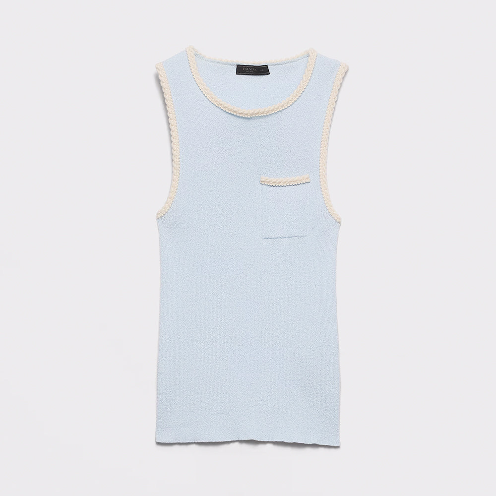 Prada Women's Summer Triangle-cut Sleeveless Knit Tank Top With Subtle Logo And Blue Lace Trim Vest Lady #84134A