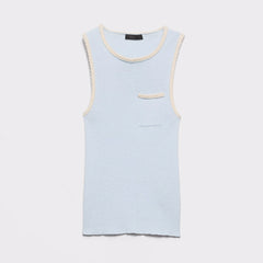 Prada Women's Summer Triangle-cut Sleeveless Knit Tank Top With Subtle Logo And Blue Lace Trim Vest Lady #84134A