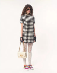 Valentino Women's Summer Embroidered Damir Light Tweed Rhinestone Round Neck Check Fitted Short Dresses Ngvp #9733