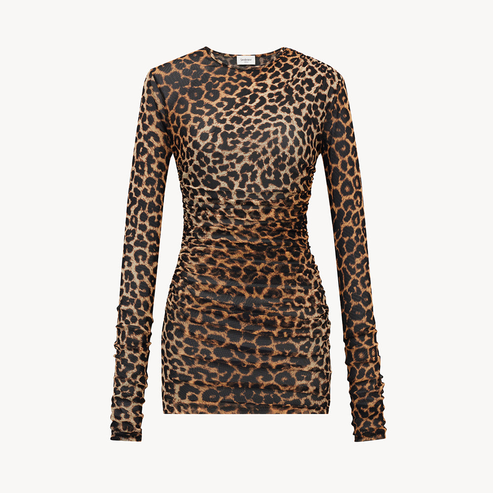 Saint Laurent  Dresses Women's Sexy Leopard Print Long-sleeve Mini Dress Fashionable Exquisite. Trendy Short Dress #82271A