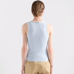 Prada Women's Summer Triangle-cut Sleeveless Knit Tank Top With Subtle Logo And Blue Lace Trim Vest Lady #84134A