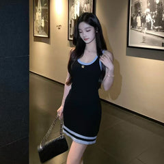 Chanel Women's Spring And Summer Black And Blue Colorblocking Knit Dress Sleeveless Fashion Elegant Slim Dresses #81388