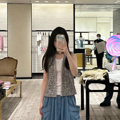 Chanel Women's Spring and Autumn Solid Color Full Diamond Flower Logo Embroidery Sleeveless Fitted Denim Vest #71433