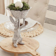Distressed Antique White Cast Iron Rabbit Bird Feeder