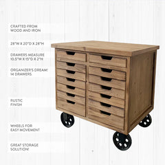 Rustic Rolling Wooden Cabinet with Drawers