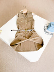 MiuMiu Women's Summer Solid Colour Letter Pocket Drawstring Waist Sleeveless Single Breasted Dress #76753