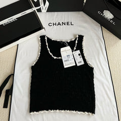 Chanel  26p Women's Spring/summer Holiday-style Openwork Knitted Colour-blocked Lace-trimmed Tank Top Vest Lady #82926A