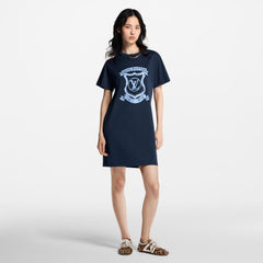 Louis Vuitton Women's LV Coat of Arms Printed Chain Summer Cotton Stretch Knit Round Neck Short Sleeve T Shirt Dresses #77851